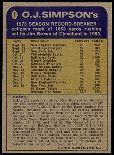 1974 Topps 1 Rekordot O. J. Simpson Buffalo Bills (Foci Kártya) EX Számlák