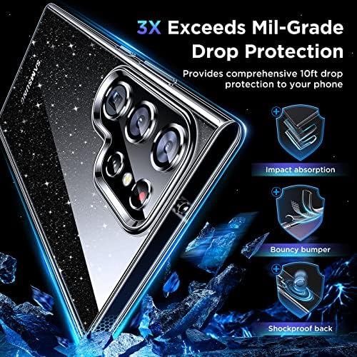 Humixx Tiszta, Csillogó Samsung Galaxy S23 Ultra Esetben [Nem Sárga] [Mil Minőségű Ütésálló Védelem] 2X Rugalmas képernyővédő