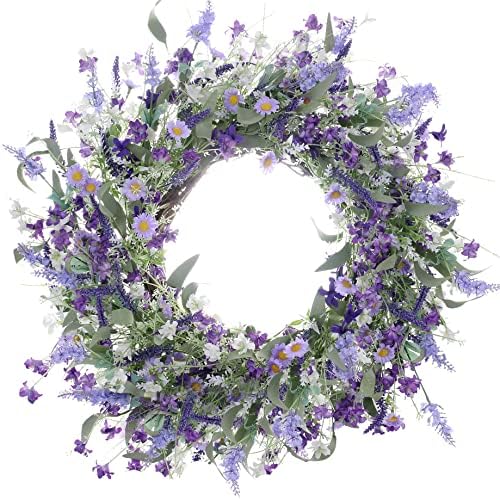 LLZLL Tavaszi Koszorúk a Bejárati Ajtó, 22 Hüvelykes Violet Daisy Levendula Vadvirág Mesterséges Virágos Koszorút Haza Fal